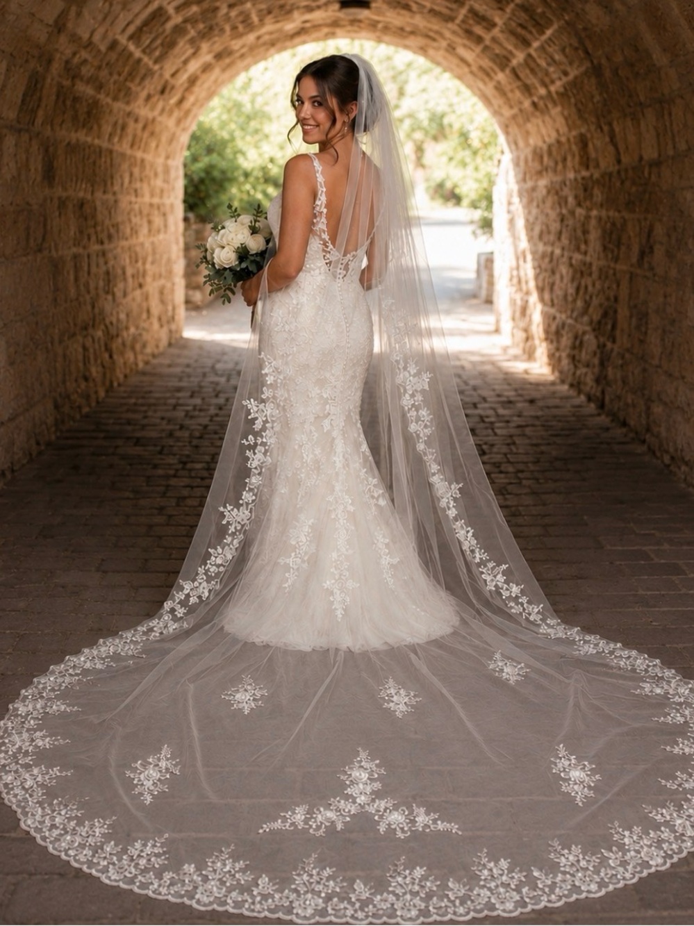 Cathedral Length Wedding Veil With Floral Lace Appliqués